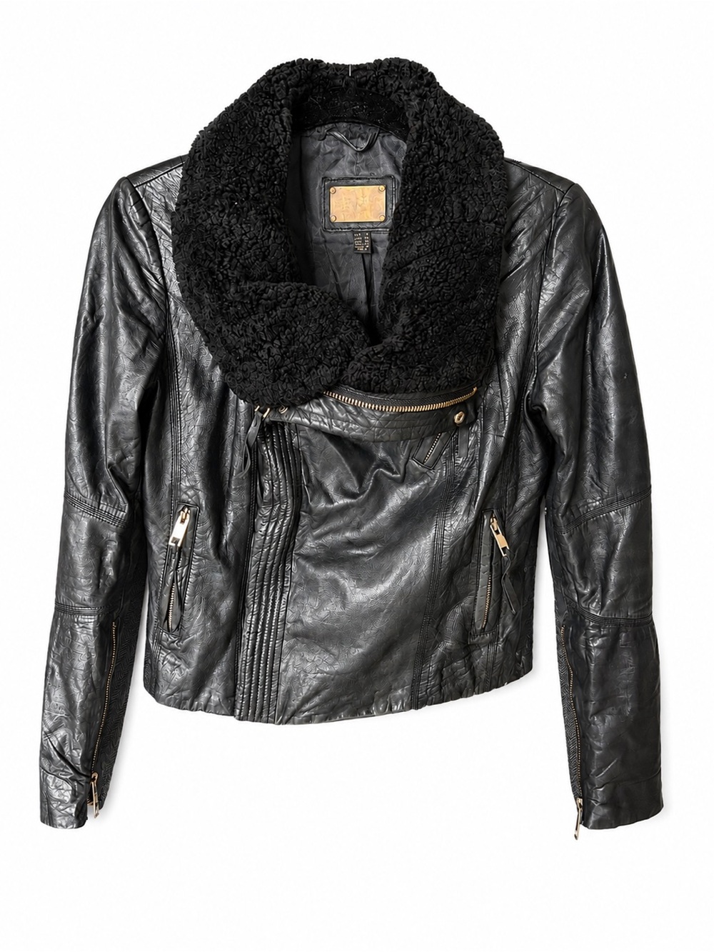 Women’s Black Genuine Leather Moto Jacket Sherpa Collar Biker Y2K